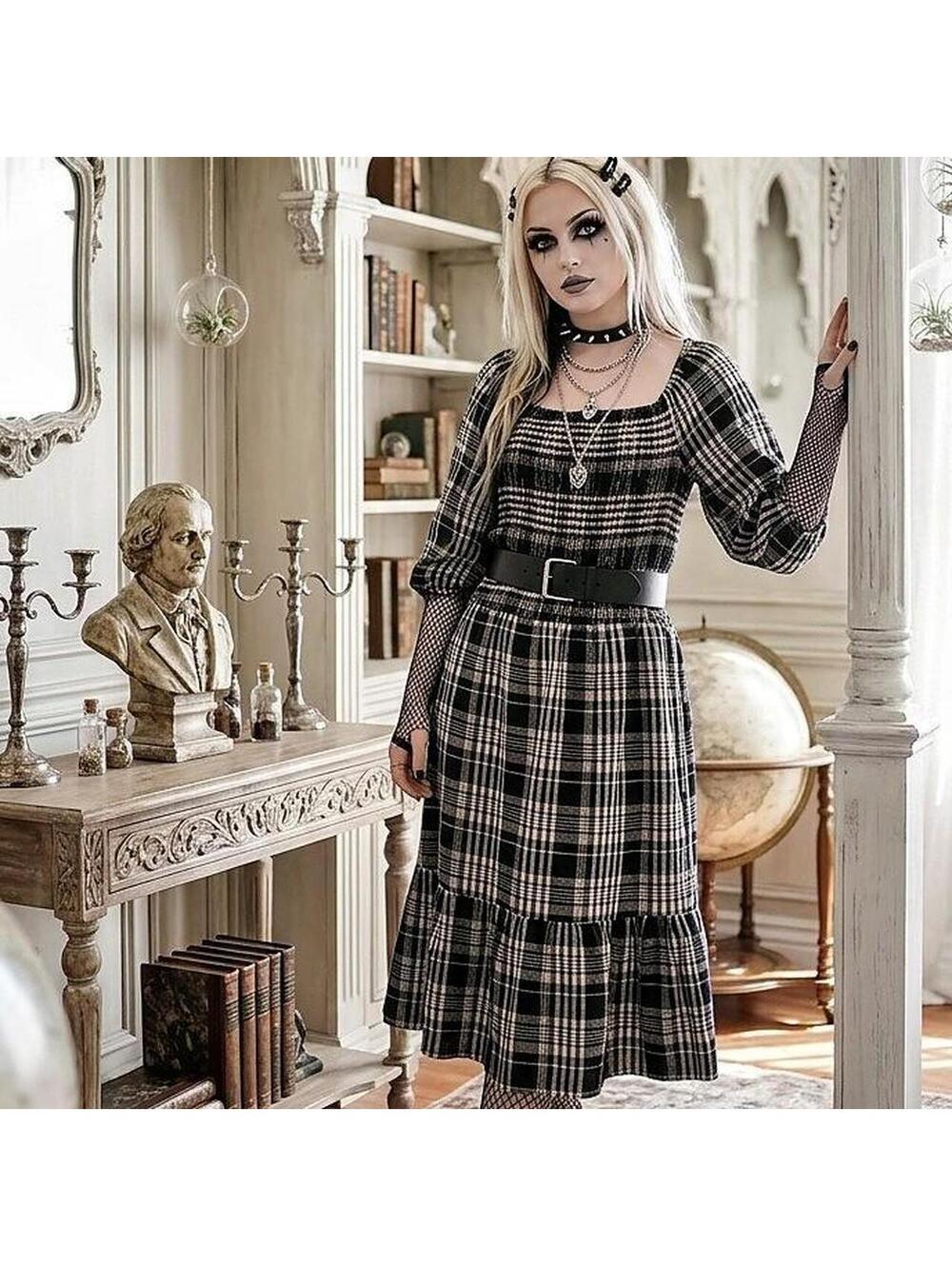 Plaid Midi Black and white Dress